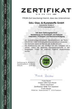 Zertifikat DIN EN ISO 9001 GöLi Glas & Kunststoffe GmbH Zertifizierungsurkunde FRQM-LM7343-14001