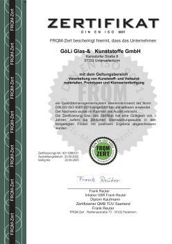 Zertifikat DIN EN ISO 9001 GöLi Glas & Kunststoffe GmbH Zertifizierungsurkunde FRQM-LM7343-9001